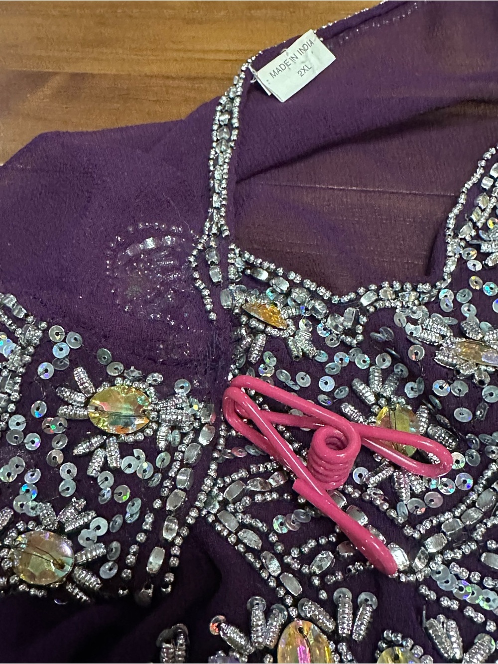 Made in India Embellished Purple Tunic Dress‎ Top 2XL Beaded Sequin Sheer Sleeve - Picture 11 of 14